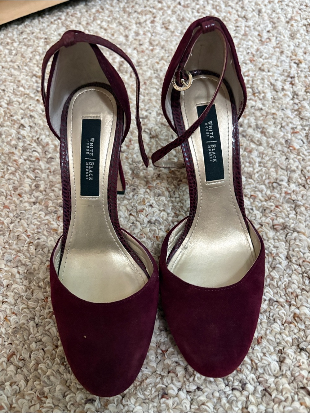 White House Black Market Burgundy Suede Pointed-Toe Ankle-Strap Heels